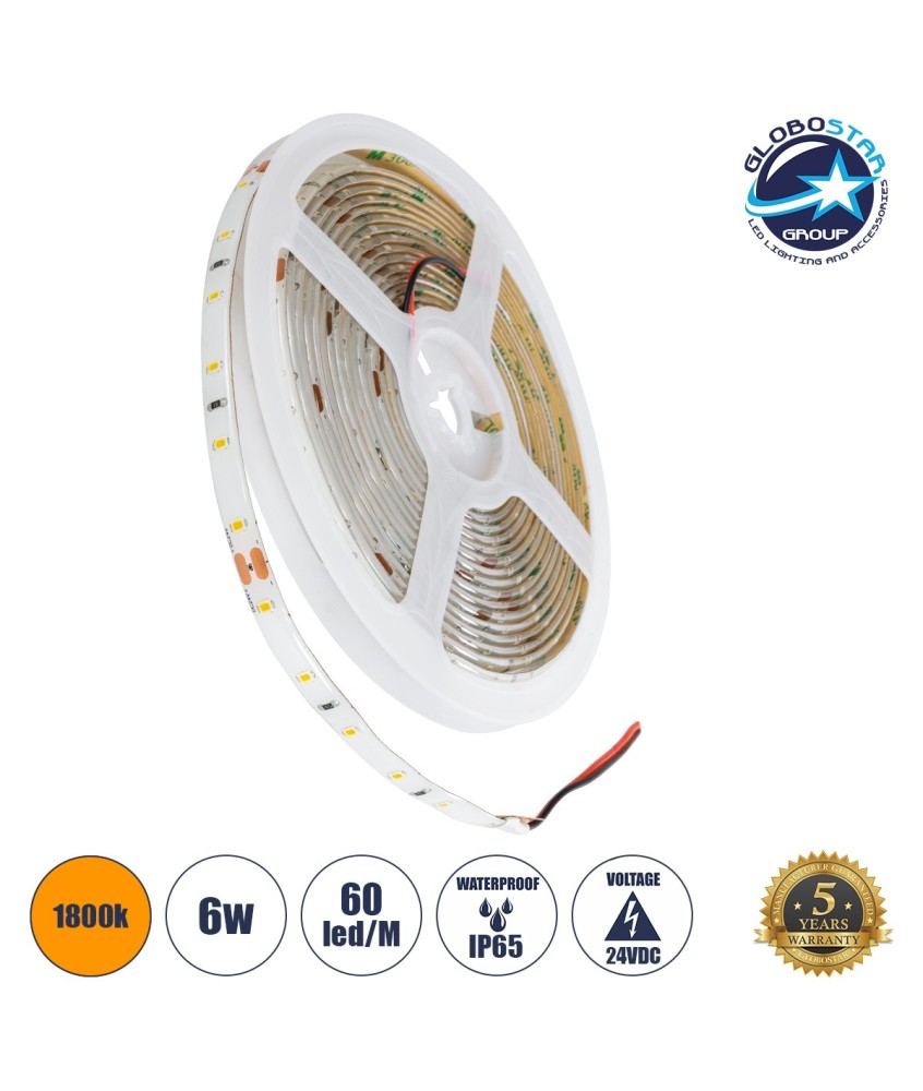 GLOBOSTAR® LILAC 70303 Ταινία LED 6W-m 480lm-m 120° DC 24V Αδιάβροχη IP65 60 x SMD2835 Chip-m Ultra Θερμό Λευκό 2200K Dimmable - Sanan SMD Chip - Μ500 x Π0.8 x Υ0.2cm - Ρολό 5 Μέτρων - 5 Χρόνια Εγγύηση